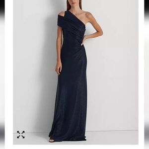 NWT RALPH LAUREN BLACK LABEL Metallic  Navy One-Shoulder Dress